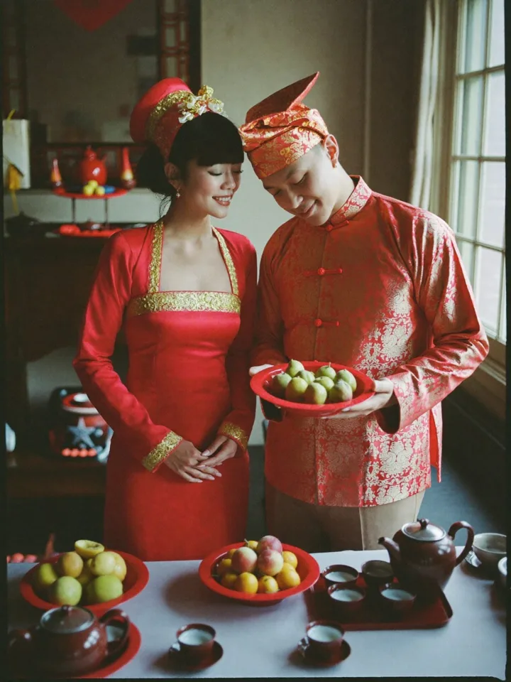 A couple sharing a moment in traditional Vietnamese wedding clothing